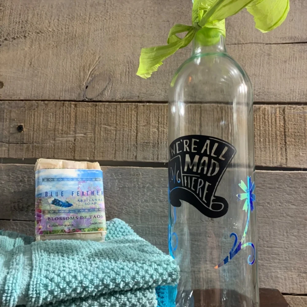 Hand Crafted- ‘We’re All Mad Here’ logo Mad Hat Wine Bottle Lantern